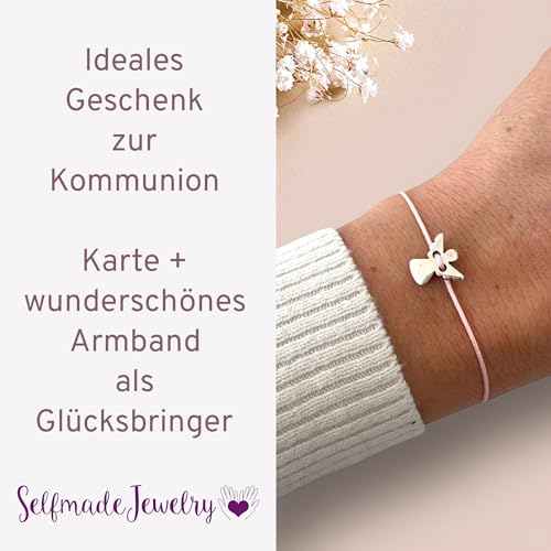 Schutzengel Armband auf Kommunionkarte als Kommunion Geschenk Mädchen Erstkommunion Engel Silber - Rosa