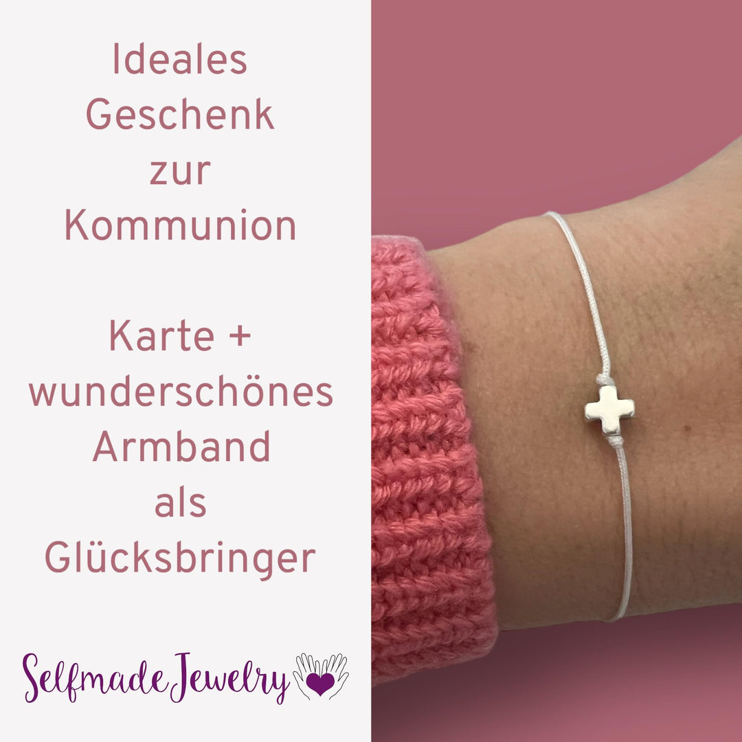 Kreuz Armband Silber - Weiß, Erstkommuniongeschenk inkl. Karte zur Kommunion