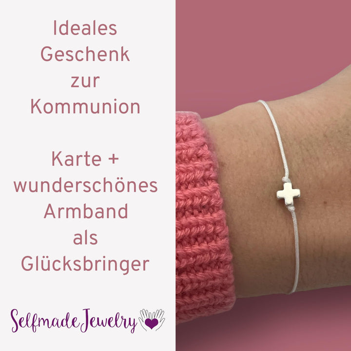 Kreuz Armband Silber - Weiß, Erstkommuniongeschenk inkl. Karte zur Kommunion