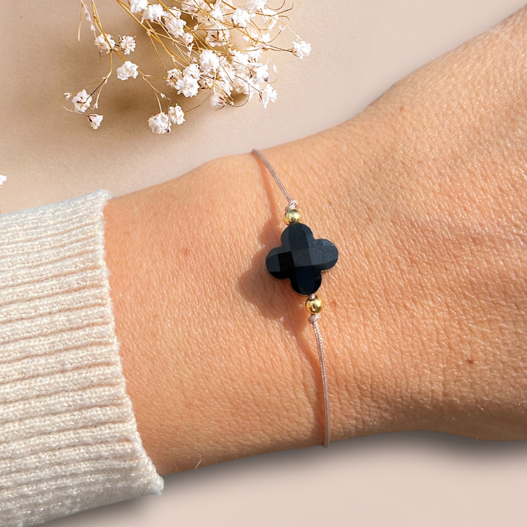 Glücksklee Armband - Facettenperle Schwarz - Gold