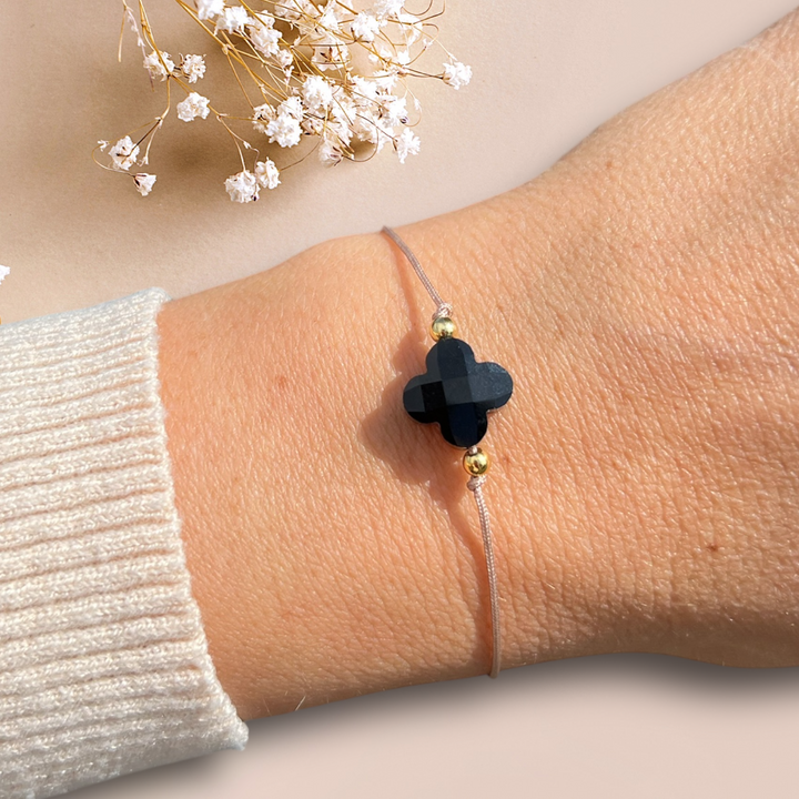 Glücksklee Armband - Facettenperle Schwarz - Gold