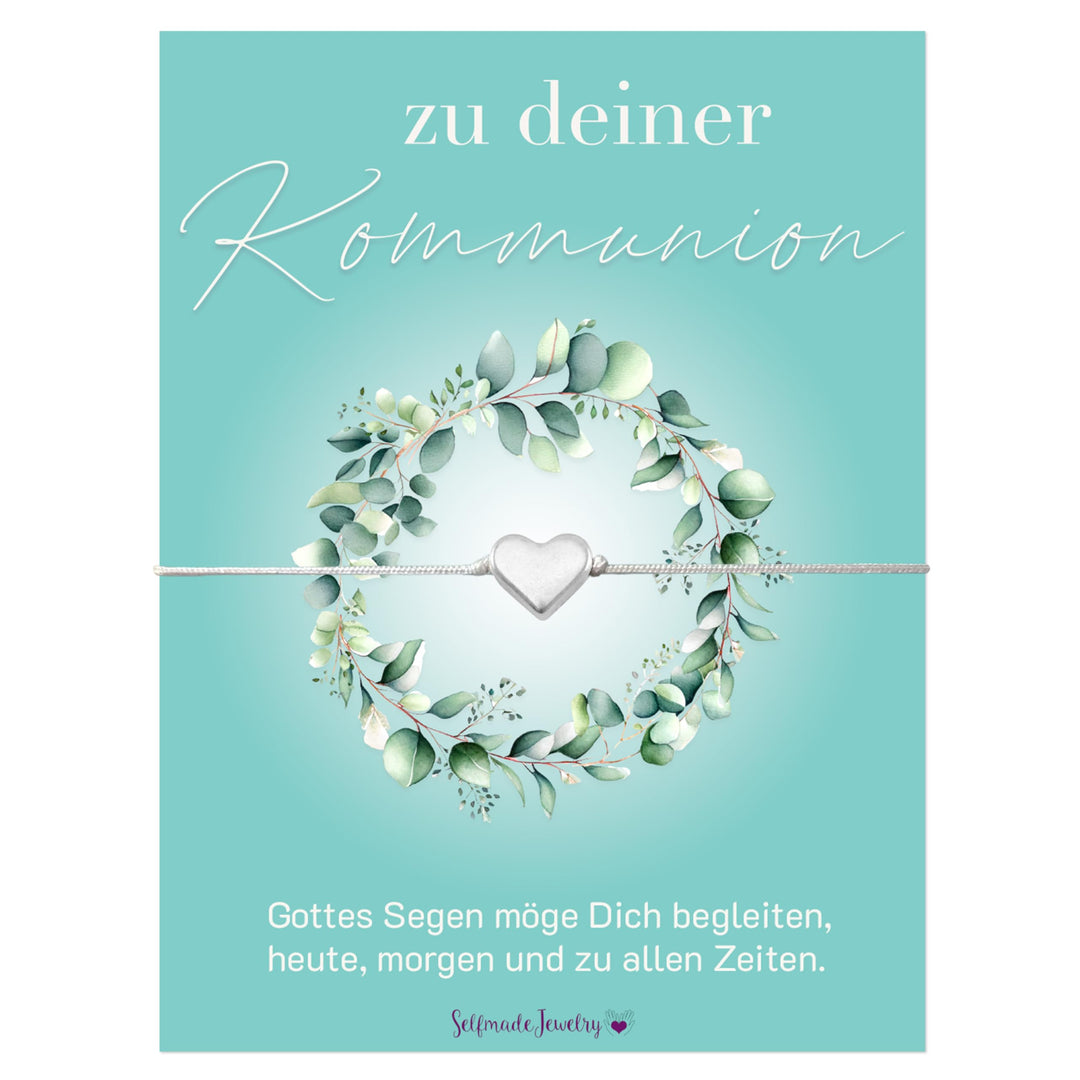 Armband auf Kommunionkarte als Kommunion Geschenk Mädchen - Herz Silber Weiß