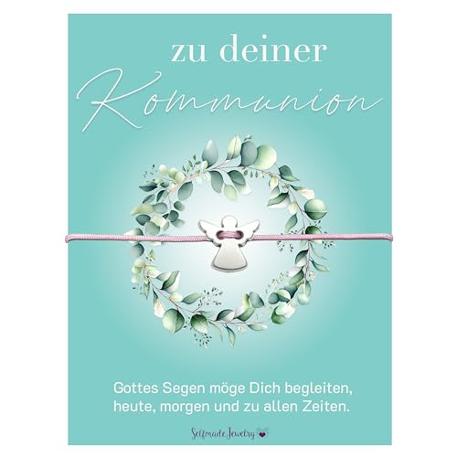 Schutzengel Armband auf Kommunionkarte als Kommunion Geschenk Mädchen Erstkommunion Engel Silber - Rosa