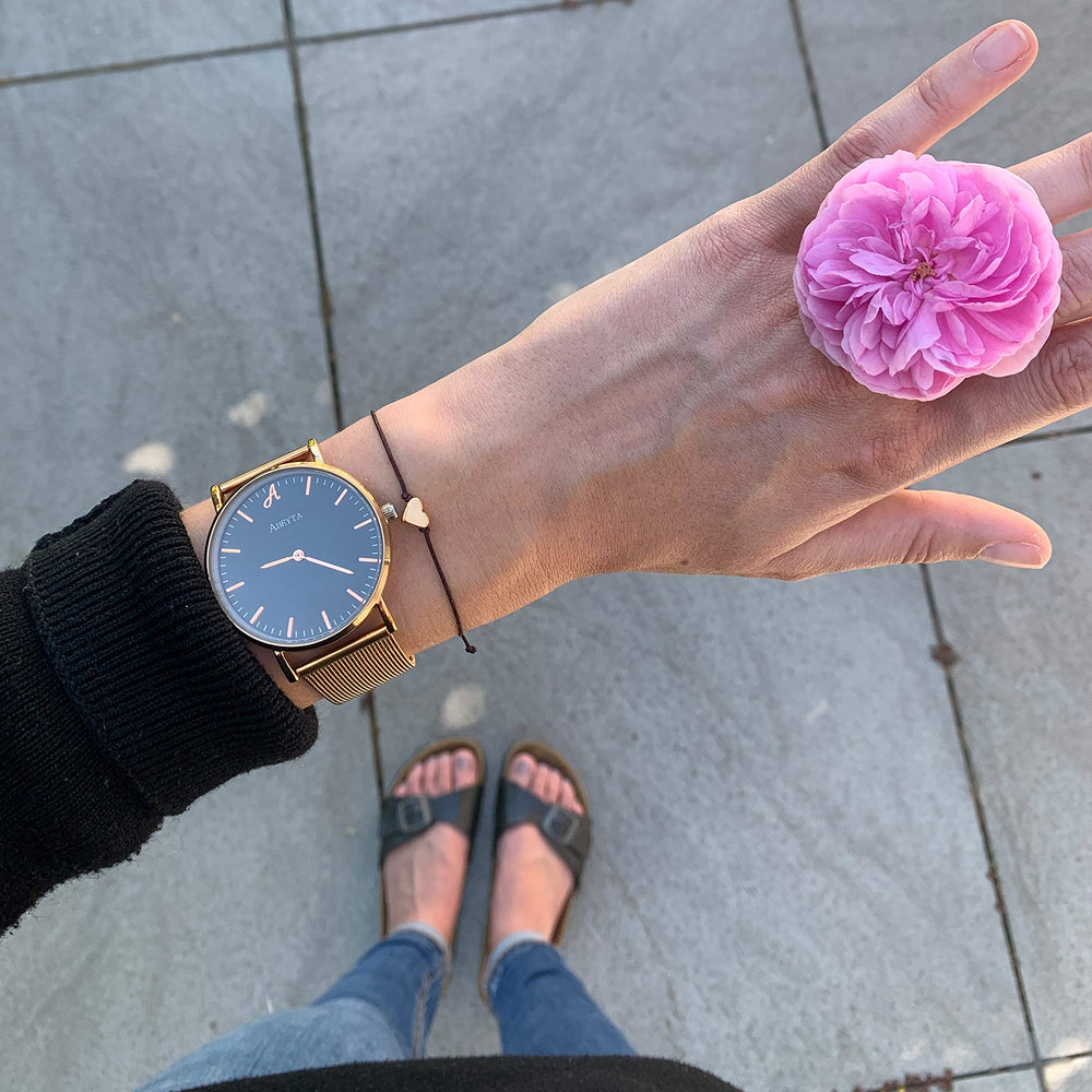 Herz Armband in Rosegold - Dunkelbraun Makrameeband - SelfmadeJewelry