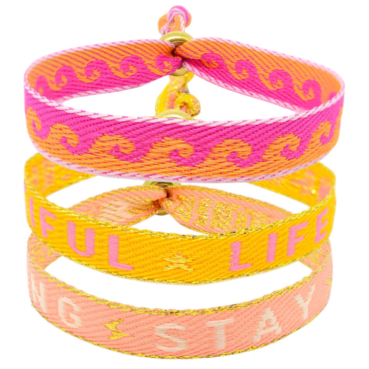 3er Set „Gute Laune Bändchen“ (Welle Orange/Pink, Life is Beautiful & Stay Strong) - SelfmadeJewelry
