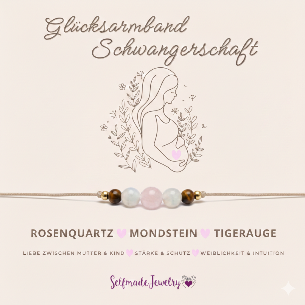 Glücksarmband Schwangerschaft – Rosenquarz, Mondstein & Tigerauge | Handmade